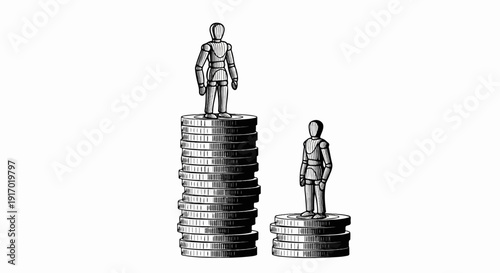 Two artist mannequins stand atop stacks of coins, one taller than the other