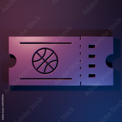 Purple Basketball game ticket icon isolated on purple-blue background. Minimalism concept. 3D render illustration