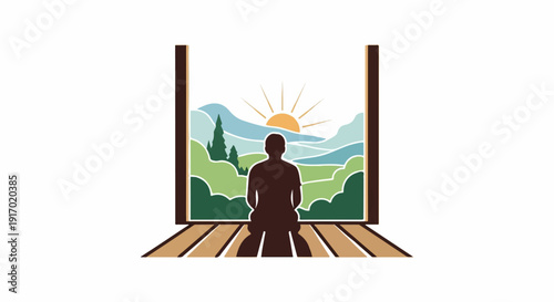 Silhouette of person meditating at sunrise overlooking a mountainous landscape