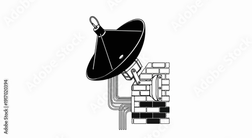 A satellite dish is mounted on a brick wall, connected by cables