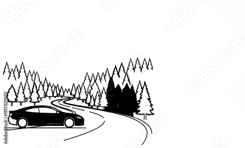 A black car drives on a winding road through a pine forest