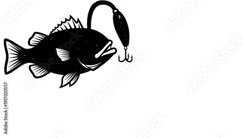 Black fish with lure and hook, symbolizing fishing and catch