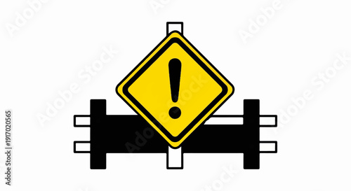 Yellow warning sign with exclamation mark above a black hazard barrier