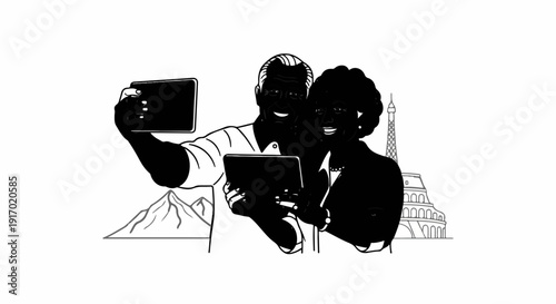 Elderly couple in silhouette taking selfies with tablets, Paris & mountains background