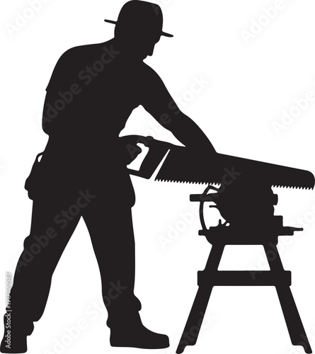 Silhouette of a man using a handsaw on a workbench