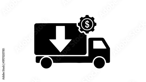 Vector illustration of delivery service icon with download arrow and gear symbol representing logistics cost management on a transparent background