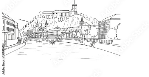 A black and white sketch of a city skyline with a river and bridge