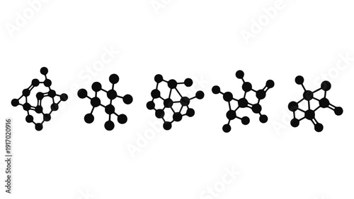 Vector illustration of set of five different carbon allotrope structures, molecular models, abstract chemistry icons on a transparent background