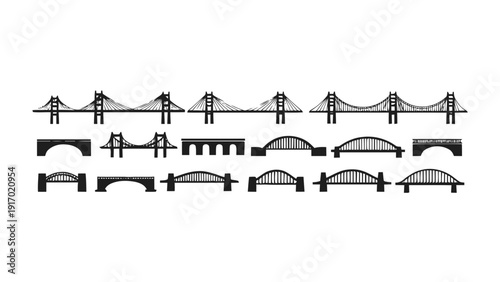 Vector illustration of collection of various bridge silhouettes and icons suspension, arch, beam, and truss designs on a transparent background
