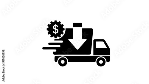 Vector illustration of fast delivery truck icon with money symbol and download arrow, shipping logistics concept on a transparent background