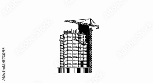 A tall building under construction with a large crane