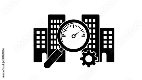 Vector illustration of magnifying glass over buildings with gauge and gear, concept of business analysis, performance review, or property inspection on a transparent background