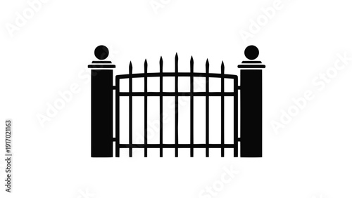Vector illustration of black silhouette of a wrought iron fence section with two pillars, on a transparent background