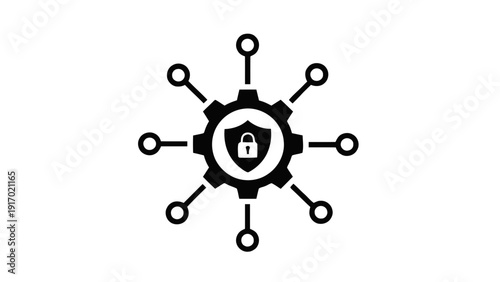 Vector illustration of cybersecurity network security concept with gear cog and shield lock icon on a transparent background