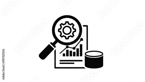Vector illustration of magnifying glass over bar chart and database icon, concept of data analysis, research, and business intelligence on a transparent background
