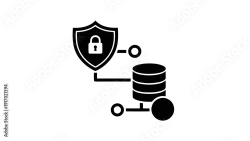 Vector illustration of database security icon shield with padlock connected to data storage stack cybersecurity concept on a transparent background