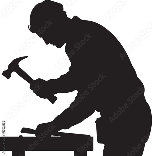 Silhouette of a person hammering on a workbench crafting