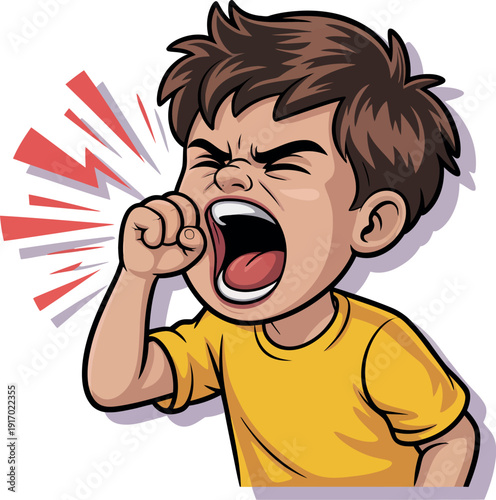 A cartoon boy screaming loudly with a shocked expression on his face