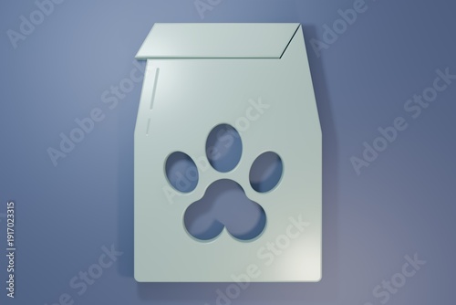 Grey Bag of food for pet icon isolated on purple-blue background. Food for animals. Pet food package. Dog or cat paw print. Minimalism concept. 3D render illustration