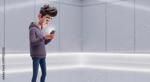 Young man intensely focused on smartphone in modern minimalist space