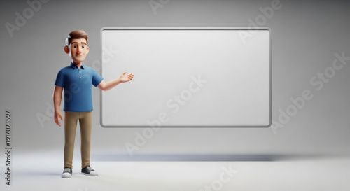 Friendly cartoon man presenting on blank whiteboard in modern space