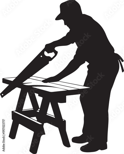 Silhouette of a person sawing wood on a workbench