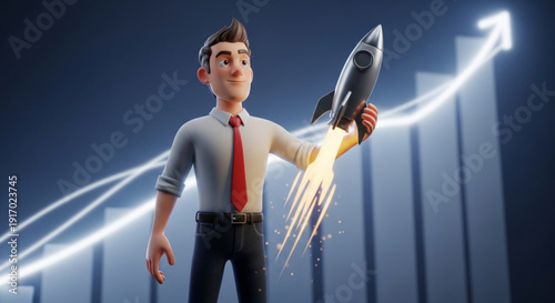 Businessman launching rocket for business growth and success