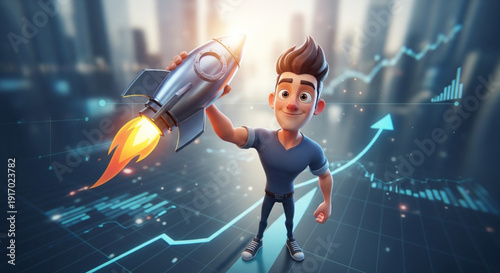Excited young man launching rocket for business growth and success