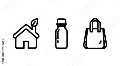 Eco-friendly symbols including house, bottle, and bag icons  