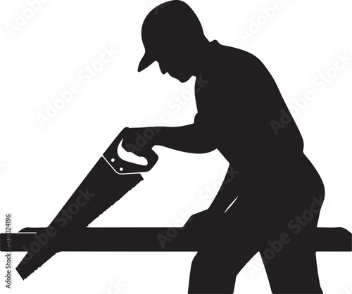 Silhouette of a person using a circular saw on a horizontal surface