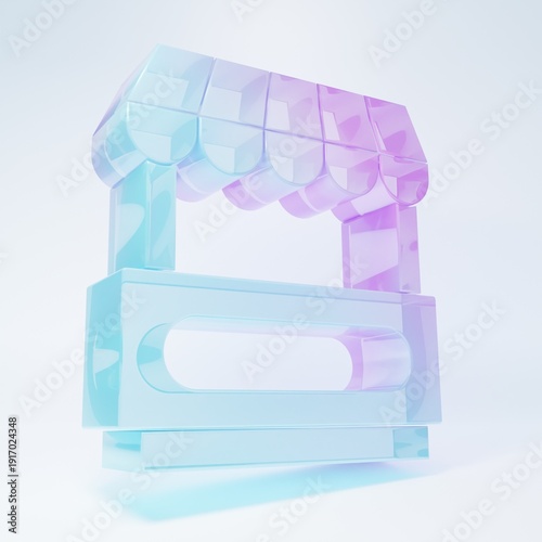 Frosted glass Fast street food cart with awning icon isolated on white background. Urban kiosk. Minimalism concept. 3D render illustration