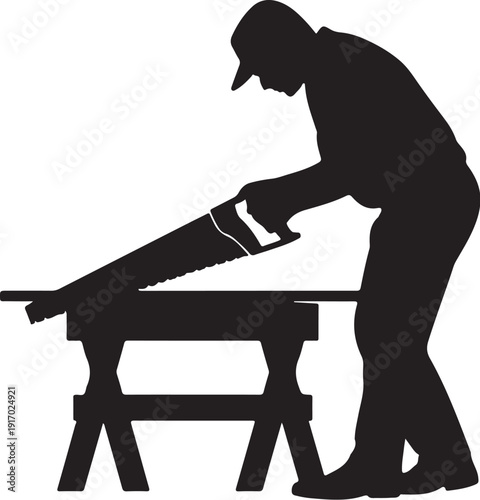 Silhouette of a person using a saw on a workbench woodworking