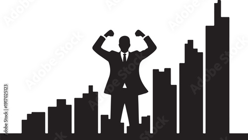 Silhouette of a person with raised arms in front of a city skyline