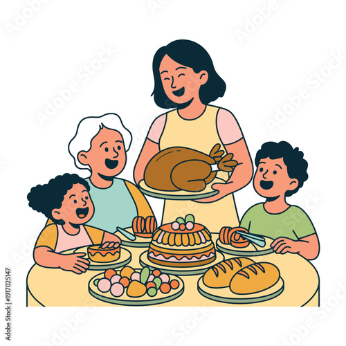 A happy family enjoying a traditional holiday meal together at the dinner table