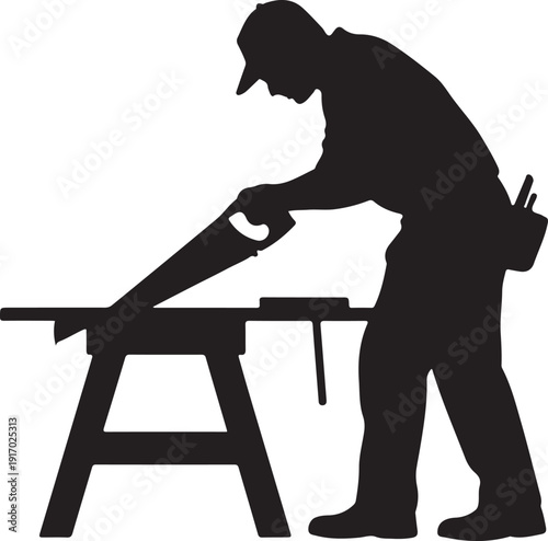 Silhouette of a person working on a wooden workbench with tools