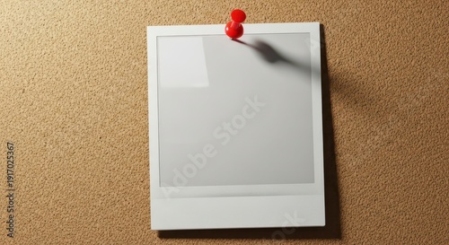 A blank Polaroid photo pinned to a corkboard with a red pushpin