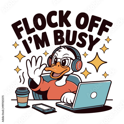 A cartoon duck wearing headphones and working on a laptop with a humorous expression