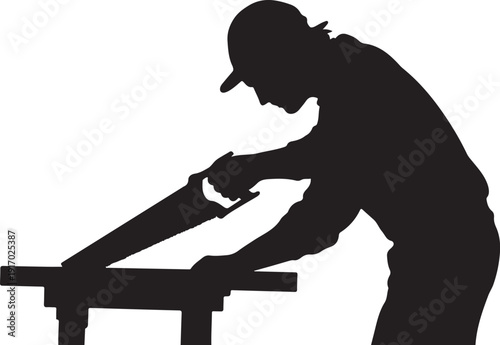 Silhouette of a person working with a long on a bench