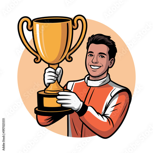 A smiling man in a racing suit holding a large golden trophy cup