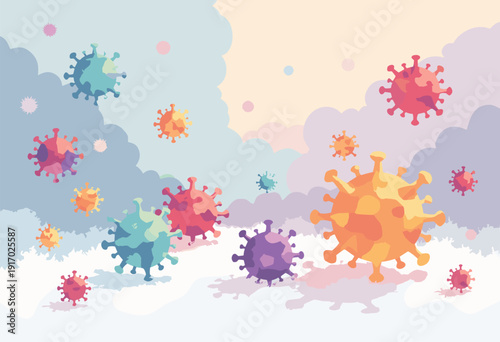 Origami Virus background Folded paper virus shapes sitting white table Minimalist photography