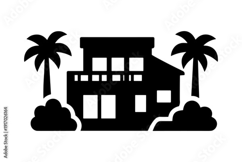 luxury villa palm trees tropical house real estate property solid black icon set vector illustration