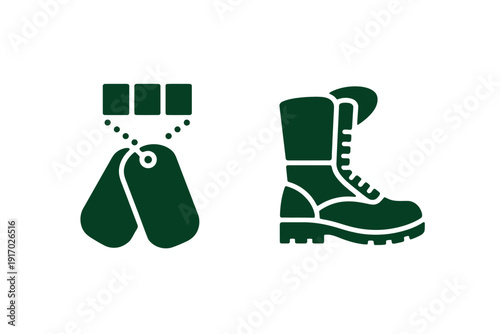 Military icons display army dog tags hanging near a rugged combat style.