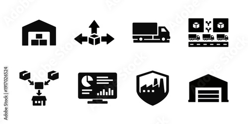 Solid black logistics and warehouse icon set for shipping