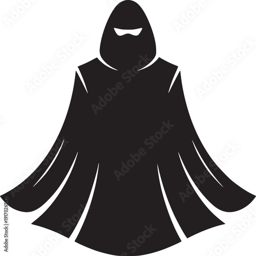 Dramatic silhouette of a mysterious figure in traditional attire evoking power and intrigue on white