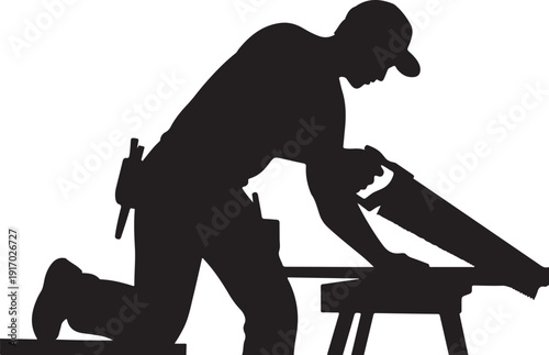 Silhouette of Carpenter Working with Tools on a Workbench