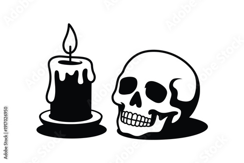 Black and white illustration of a skull next to a melting burning.