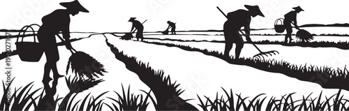 Silhouette of farmers working in rice fields with water buffalo