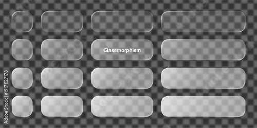 Transparent glass morphism elements set. Liquid plastic effect on blur frames. UI design template for modern web and mobile apps.