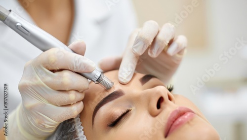 Close-up of a professional cosmetologist performing microneedling treatment on a young woman's forehead using a derma pen device in a bright clinic
