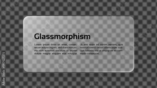 Glassmorphism translucent rectangle shape with text on a checkered background for modern user interface design